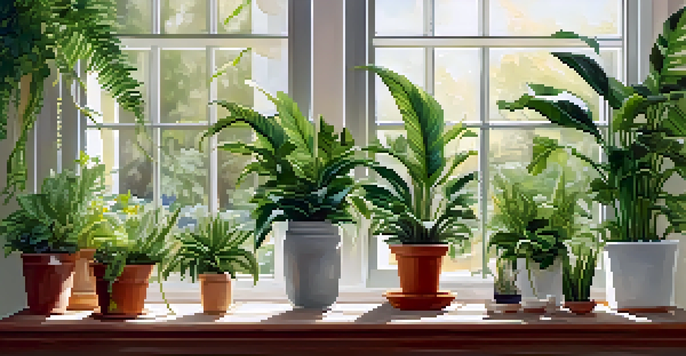 A cozy living room filled with various indoor plants, including a peace lily, succulents, and a fern, illuminated by sunlight streaming through a window.