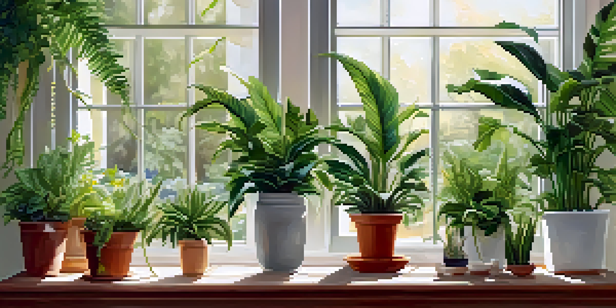 A cozy living room filled with various indoor plants, including a peace lily, succulents, and a fern, illuminated by sunlight streaming through a window.