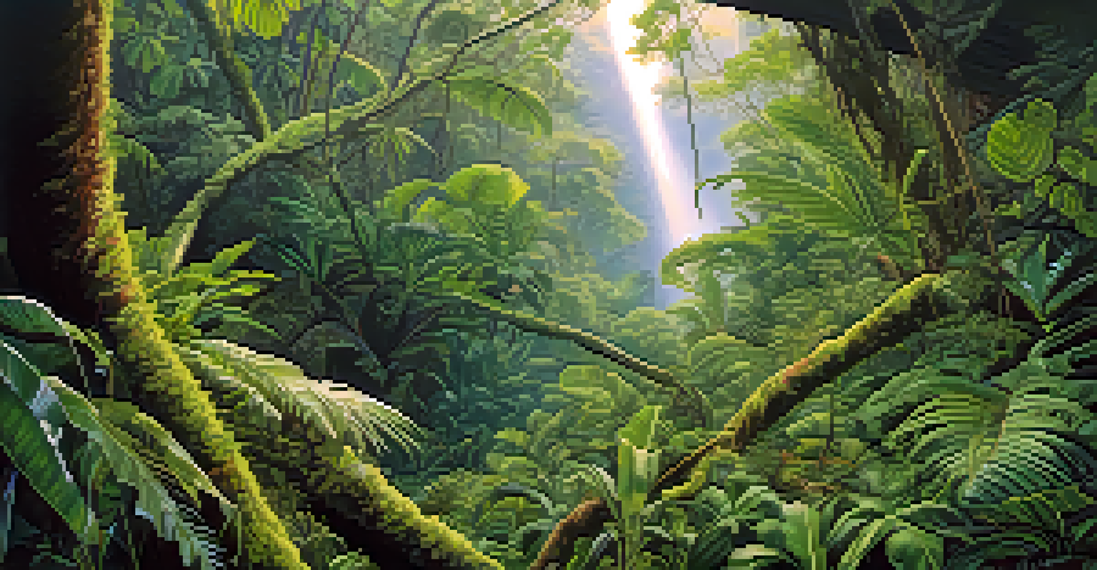 A view of epiphytes growing on tree branches in a tropical rainforest canopy, surrounded by green foliage and soft light.