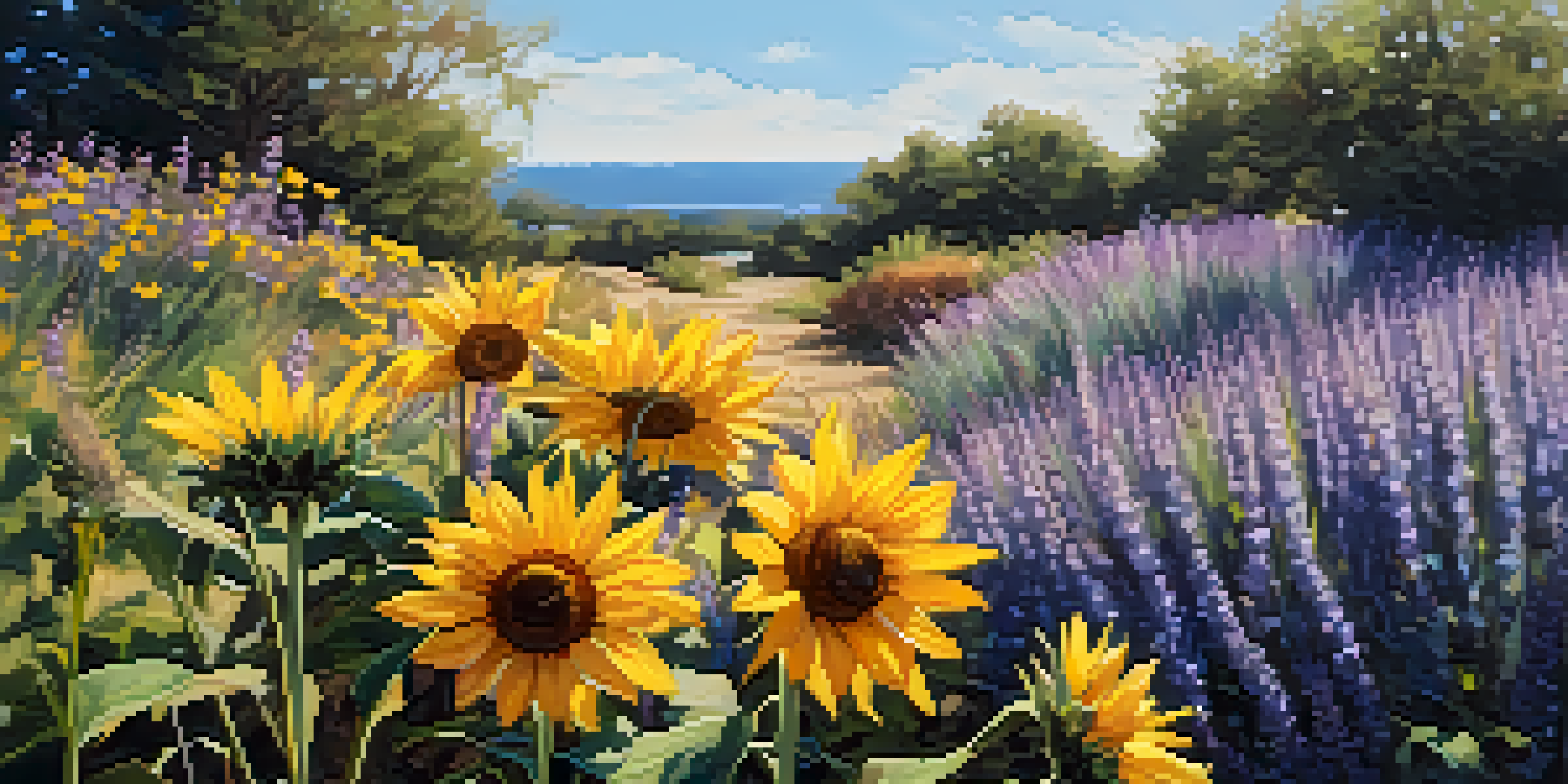 A colorful garden with native flowering plants including sunflowers, lavender, and coneflowers, with butterflies flying around.