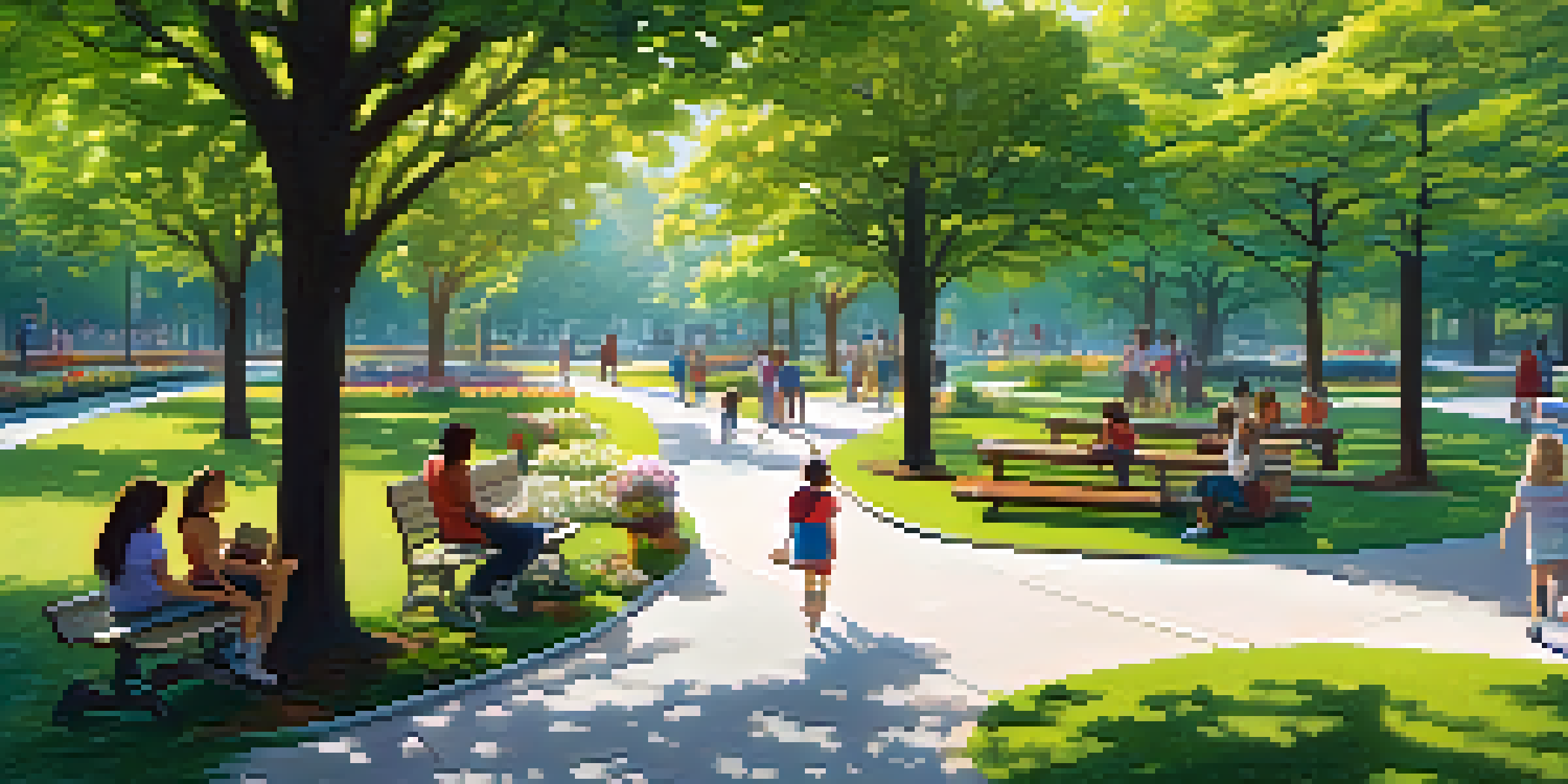 A sunny urban park with tall trees, colorful flower beds, and people enjoying the outdoors.