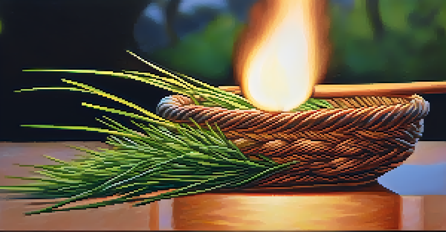 Close-up of braided sweetgrass being lit, with gentle flames against a blurred nature background.