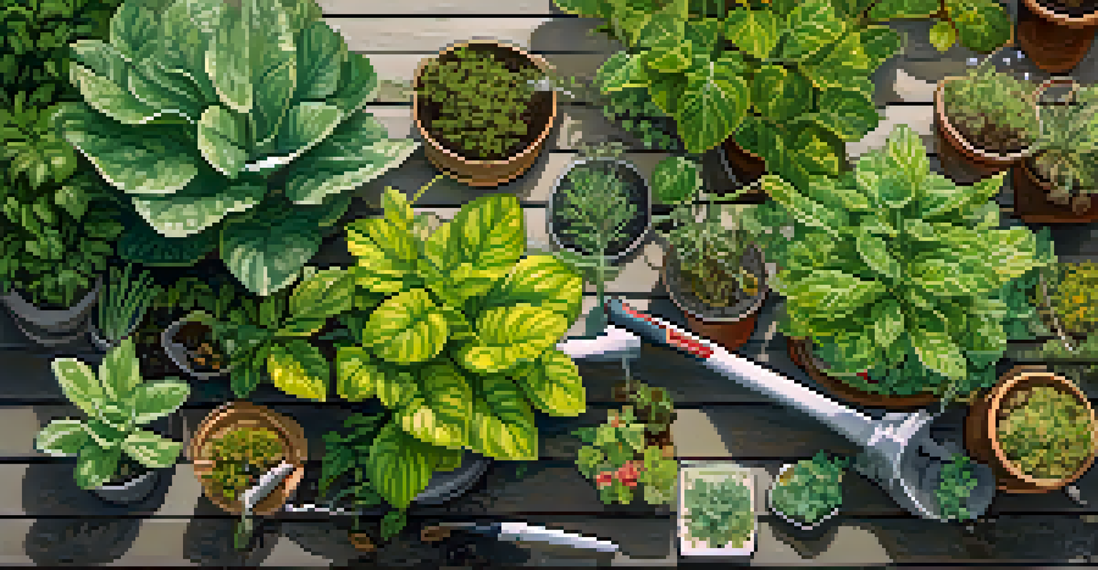 A garden scene showing a mix of healthy and distressed plants, with a gardening tool nearby.