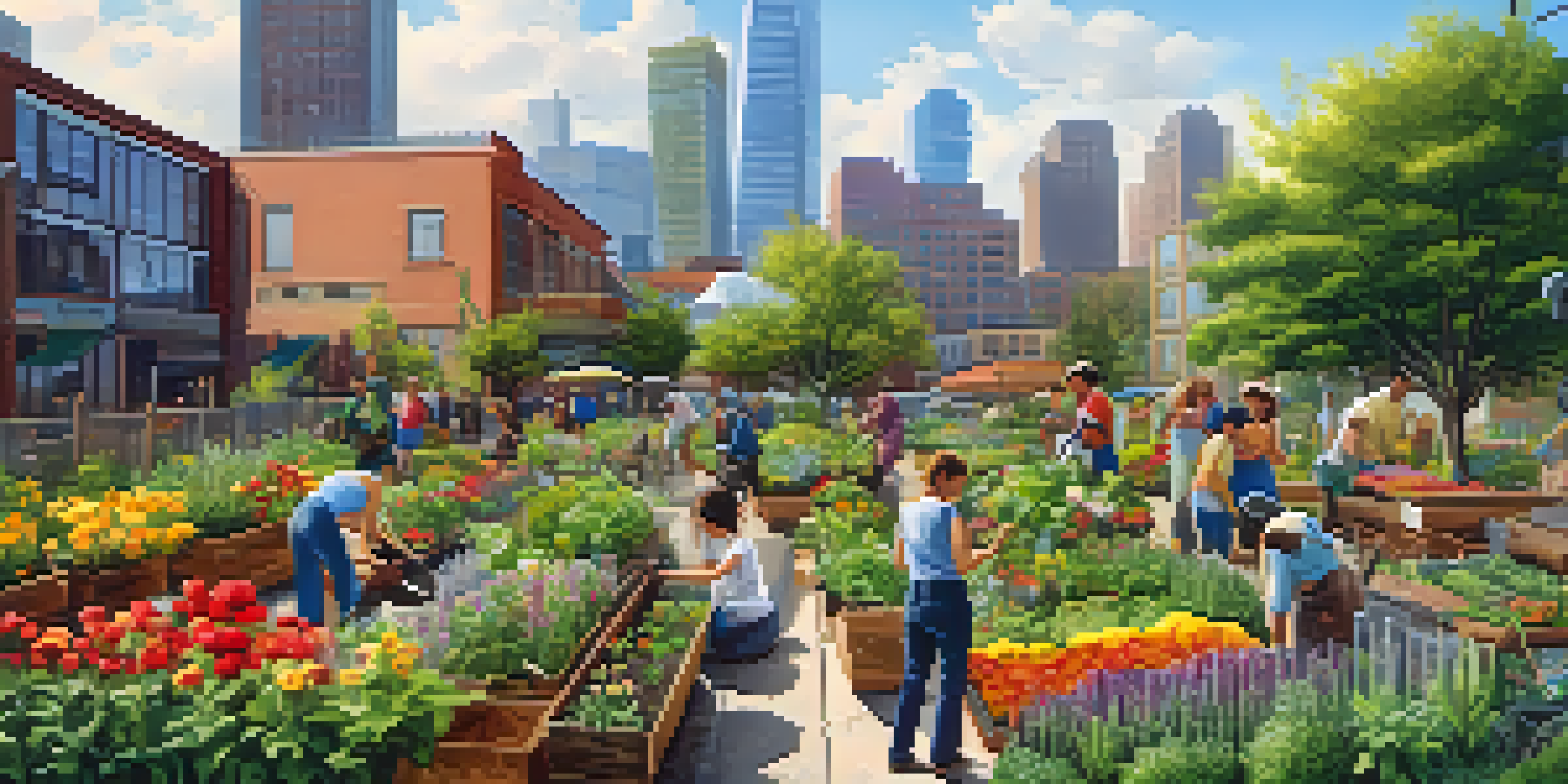 A diverse group of people working together in a colorful community garden surrounded by urban buildings.