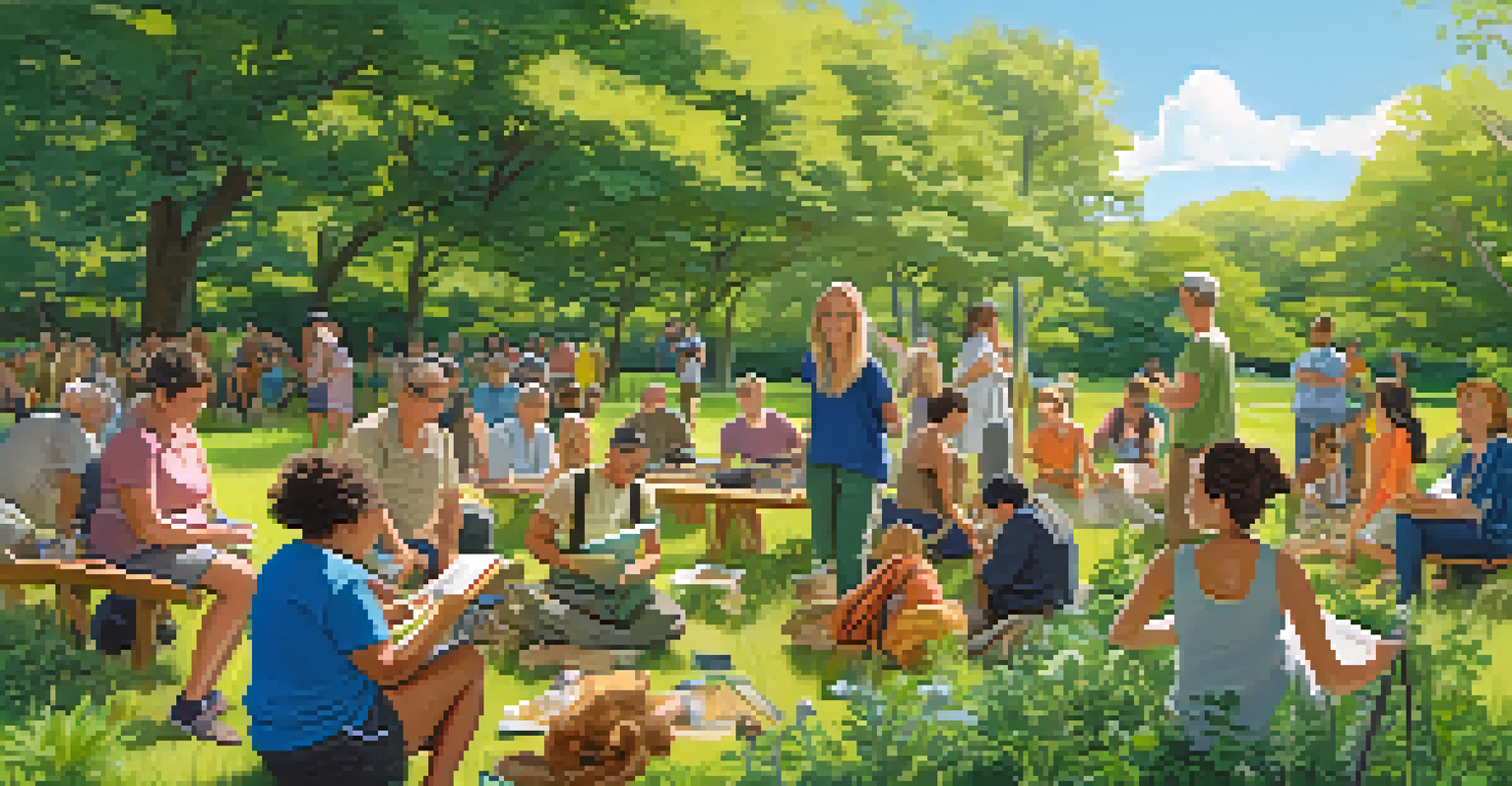 A diverse group of people attending a foraging workshop in a park, learning about wild edible plants from an experienced guide.