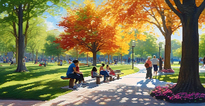 A bustling urban park with people enjoying various activities under the shade of mature trees, with sunlight filtering through the leaves.