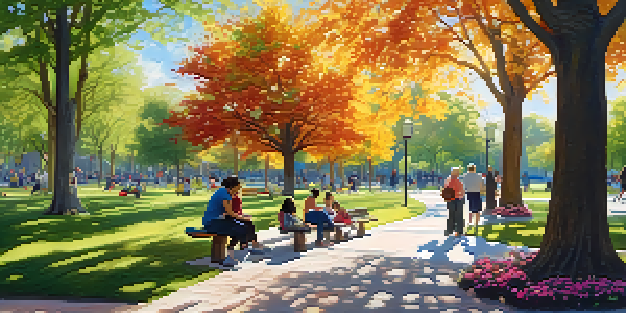 A bustling urban park with people enjoying various activities under the shade of mature trees, with sunlight filtering through the leaves.