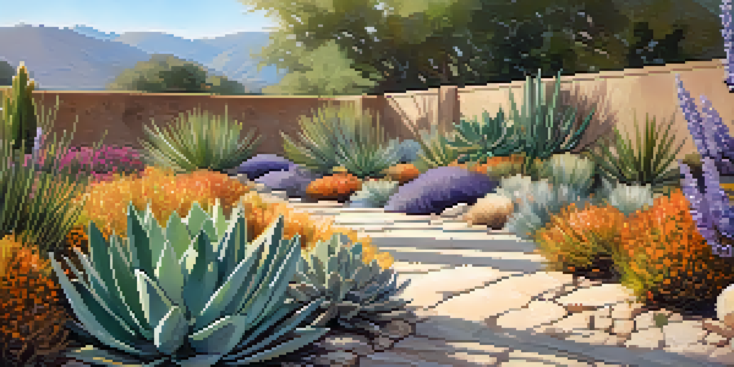 A colorful garden with drought-tolerant plants including succulents and lavender, with a gravel path and stone wall in the background.