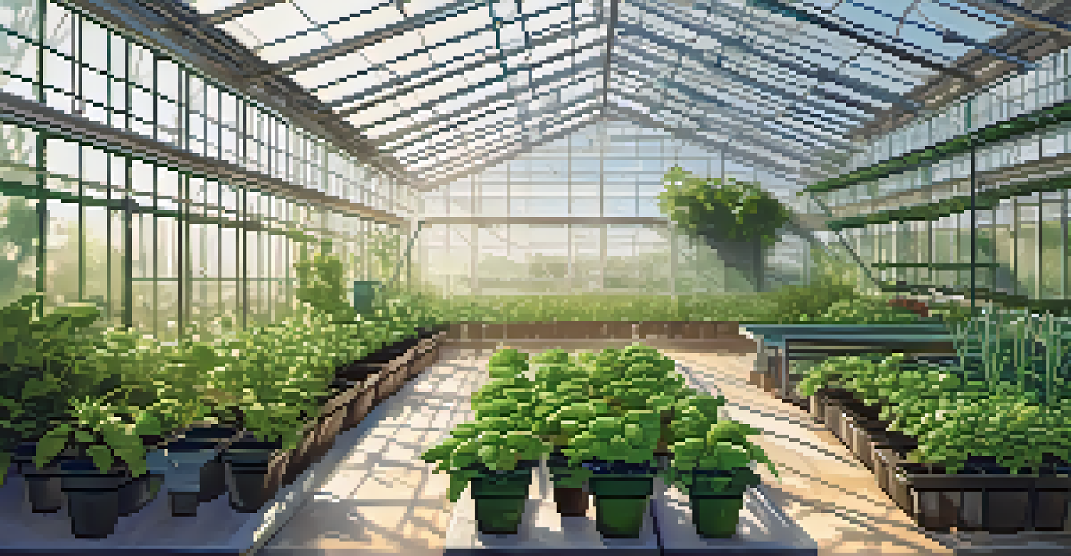 A greenhouse with a drip irrigation system efficiently watering closely arranged healthy plants, under sunlight that creates gentle shadows.