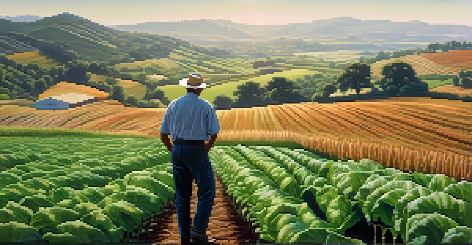 An agricultural landscape with diverse crops and a farmer inspecting the field under a clear blue sky.