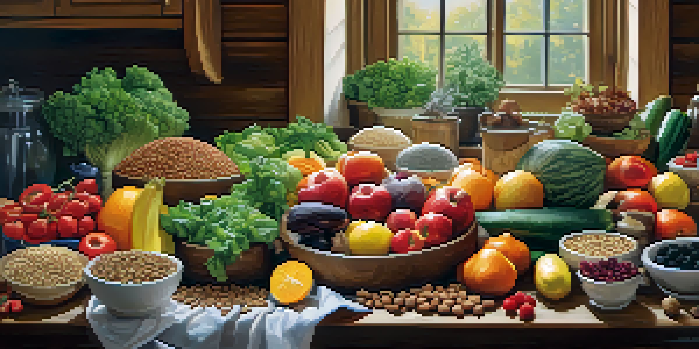 A colorful arrangement of various plant-based foods on a wooden table, showcasing fruits, vegetables, nuts, and grains in a warm kitchen setting.