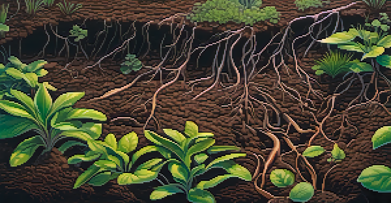 Healthy soil with diverse roots and small plants, showcasing the interaction between soil and plant life.