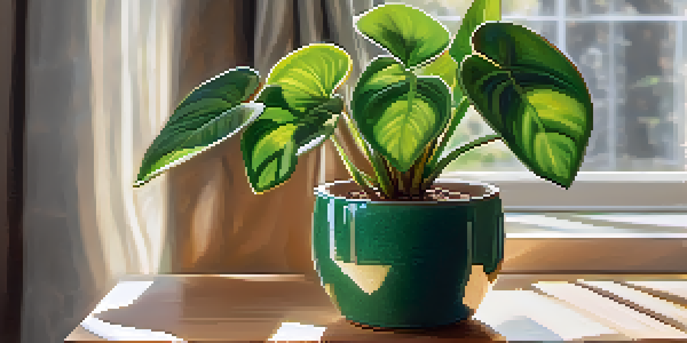 A close-up view of a healthy green houseplant in a ceramic pot, with sunlight illuminating its leaves and a warm living room ambiance in the background.