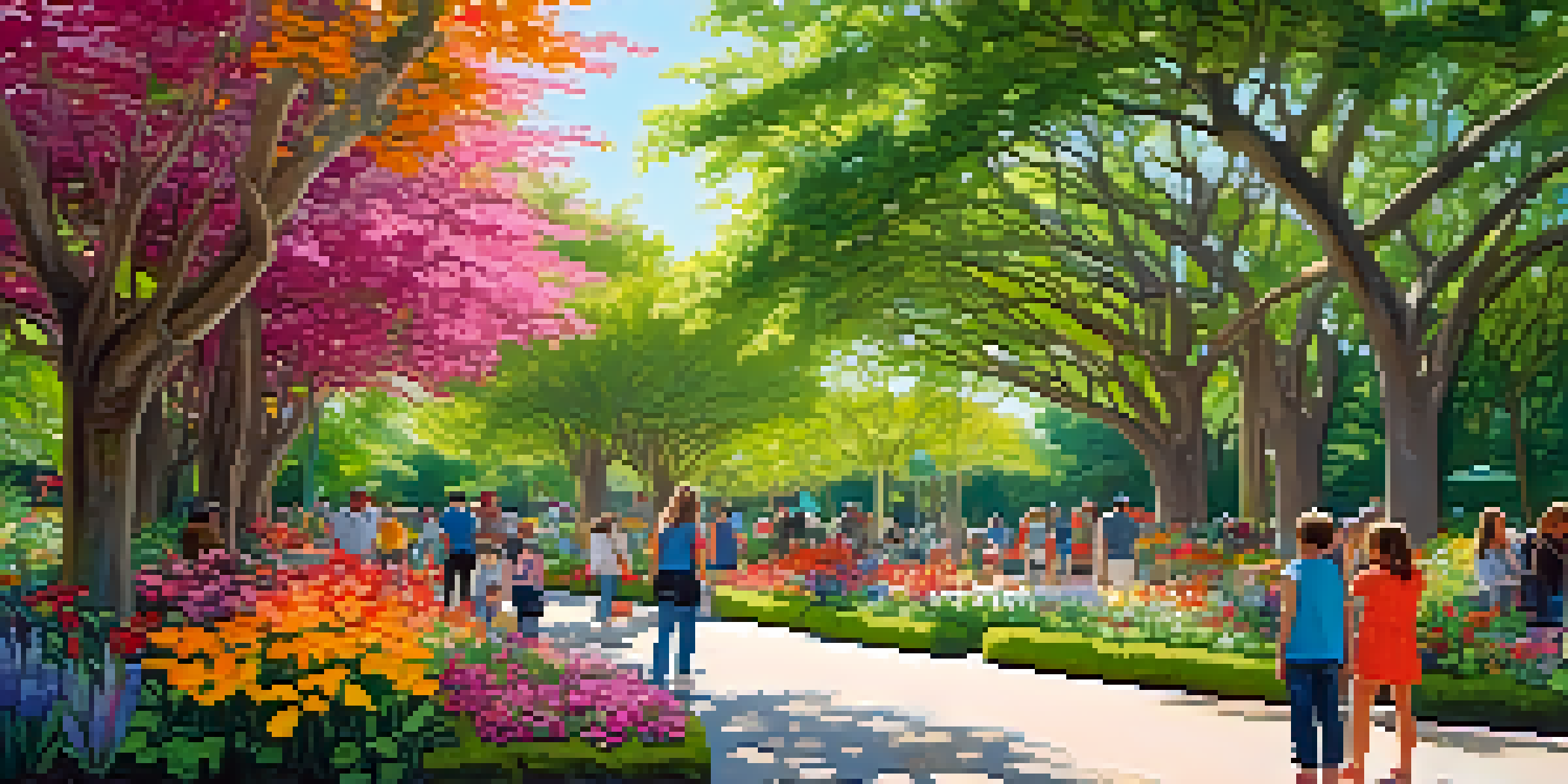 A colorful floral installation at the Montreal Botanical Garden's Garden Festival, featuring towering arches of flowers with visitors admiring the display under soft sunlight.