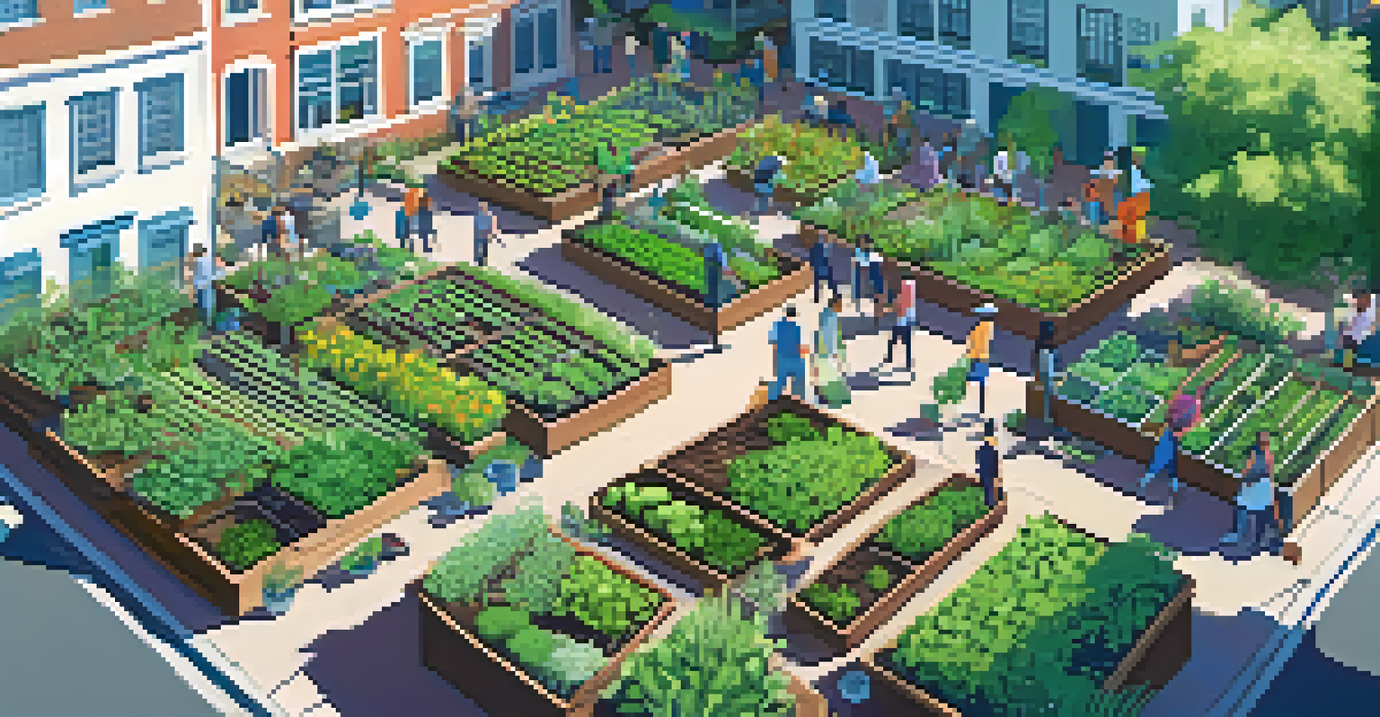 Aerial view of a community garden with people planting and tending to plants.