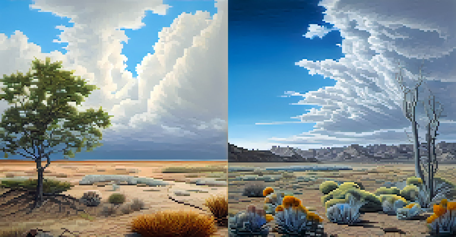 A landscape divided showing a healthy plant habitat on one side and a drought-affected area on the other, illustrating climate change effects.