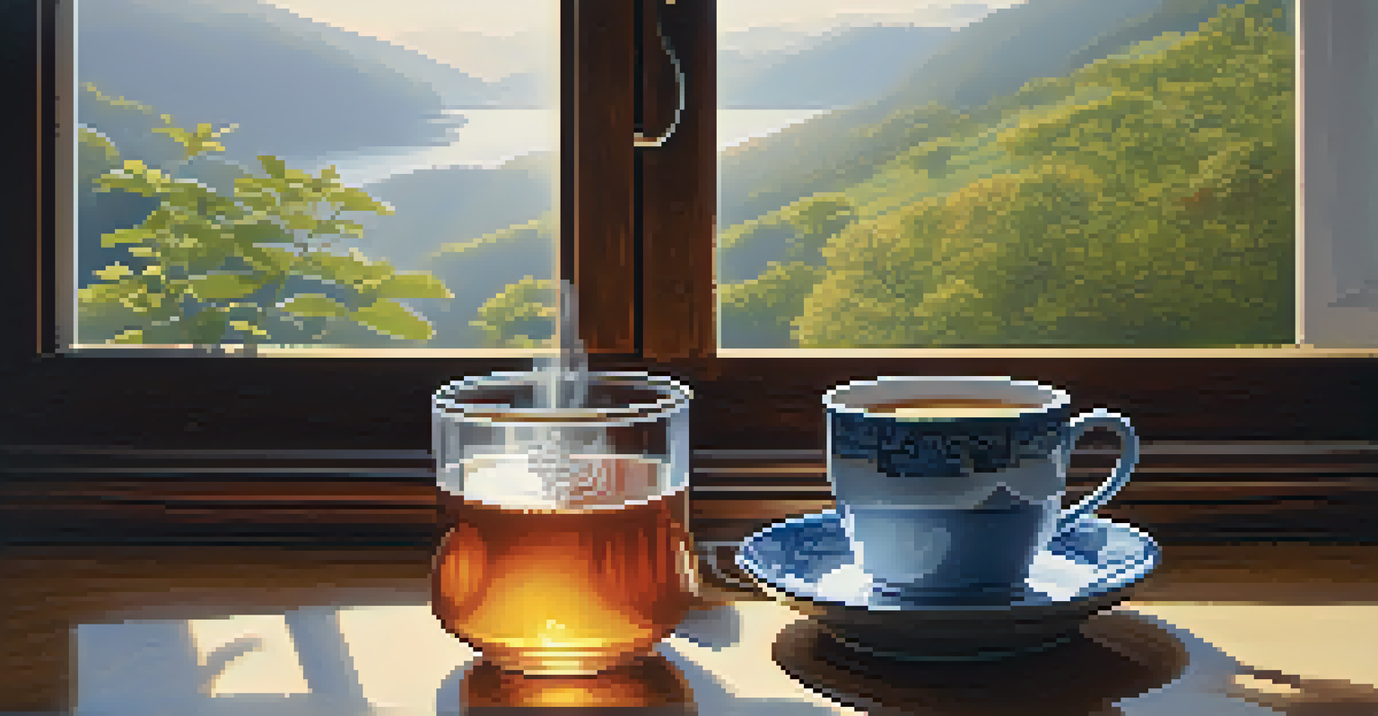A steaming cup of ginseng tea on a wooden countertop, accompanied by fresh ginseng roots and honey, illuminated by soft morning light.