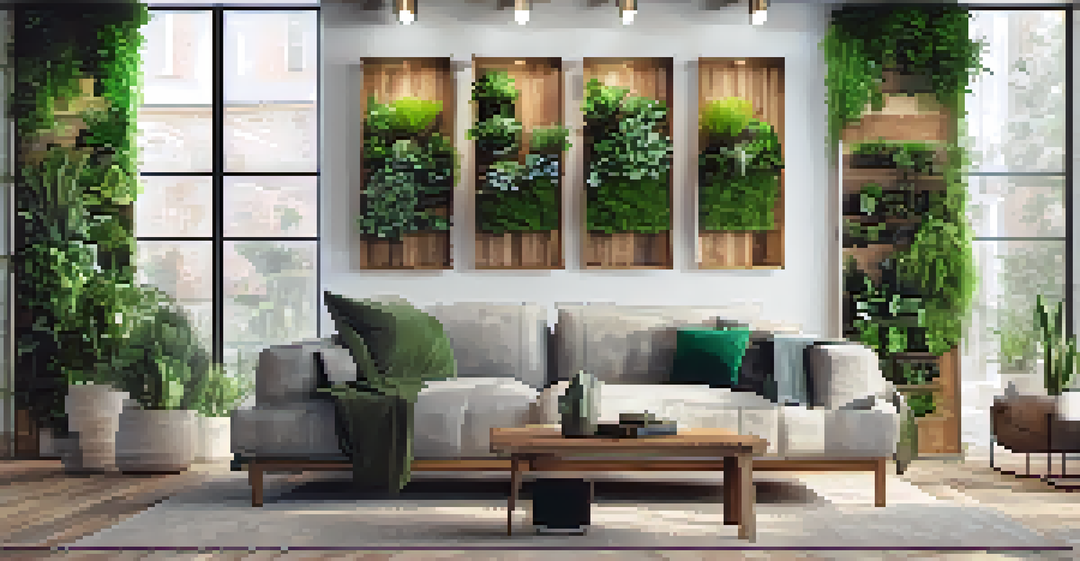 A vertical garden on a wall with various lush green plants in a modern living room.