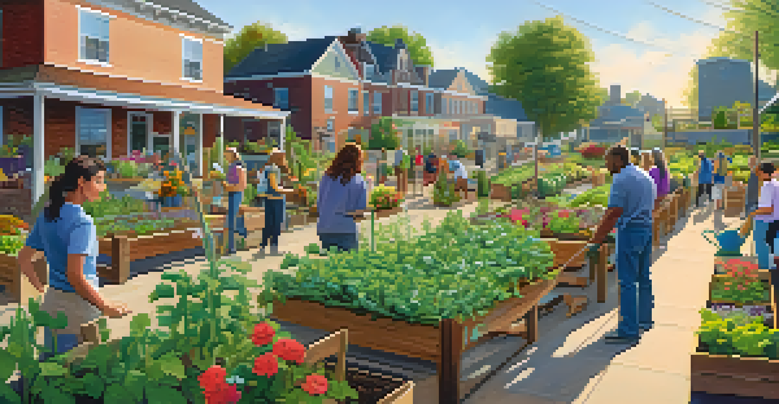 A lively community garden with people of all ages gardening together, surrounded by vegetables and flowers, under a warm afternoon sun.