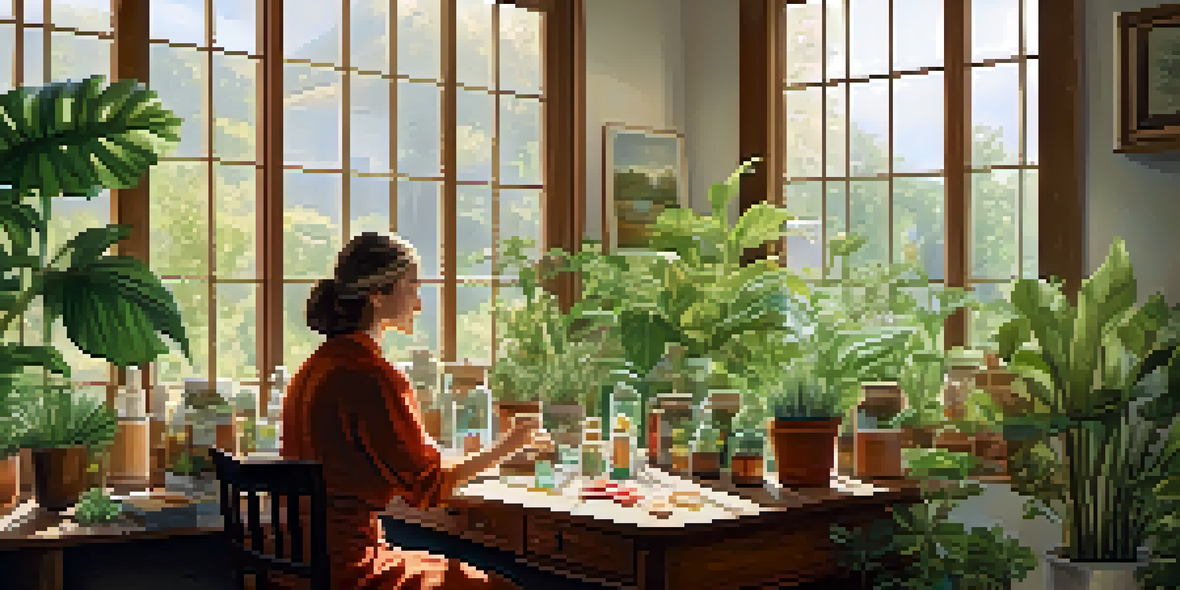 A warm and inviting homeopathic clinic with a practitioner consulting a patient, surrounded by plant-based remedies and greenery.