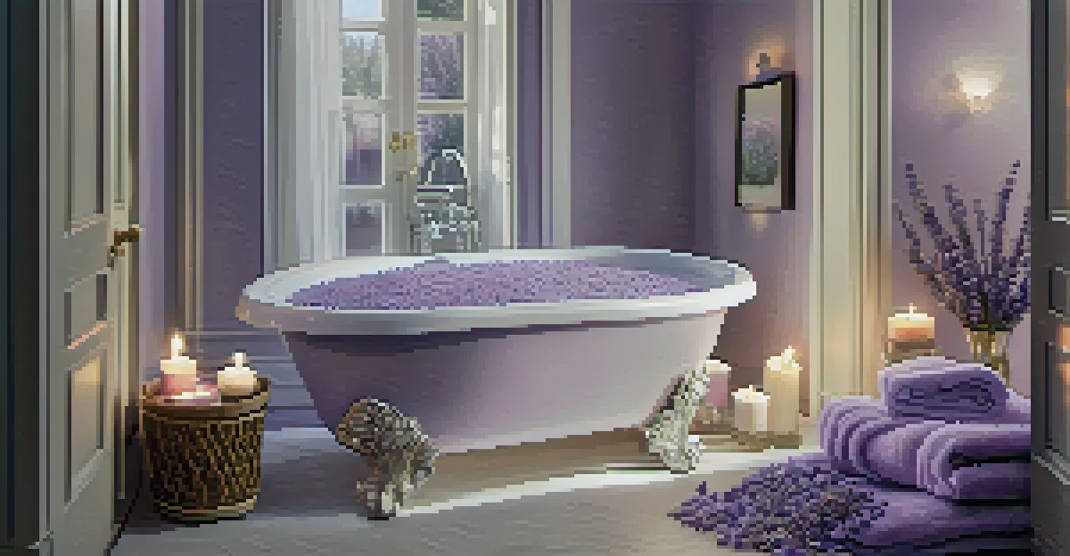 A calming bathroom with a lavender-infused bath, candles, and soft towels, creating a relaxing self-care space.