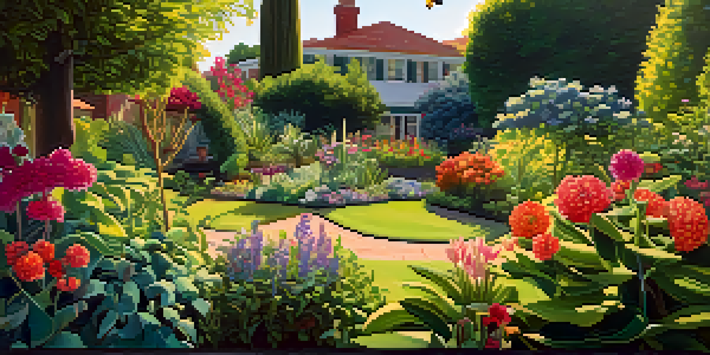 A vibrant garden with various plants and flowers under soft morning sunlight, with bees buzzing around.