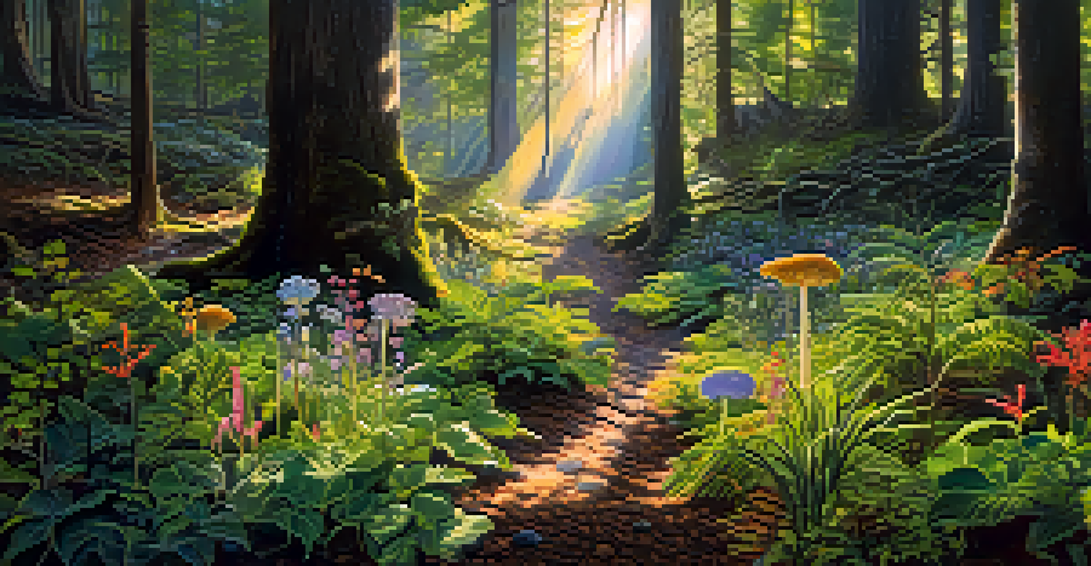 A vibrant forest showcasing plants thriving with mycorrhizal fungi beneath dappled sunlight.