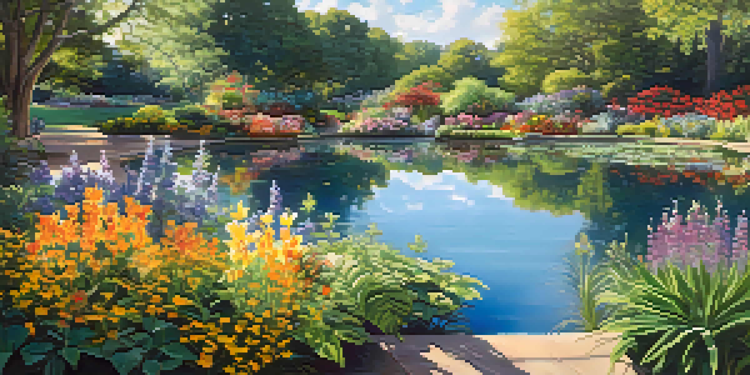 A colorful botanical garden with various native plants, flowers, and a pond under sunlight.
