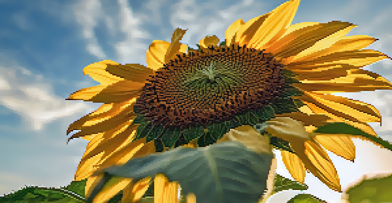 A tall sunflower backlit by the sun, showcasing its golden petals and detailed leaves, against a soft blue sky.