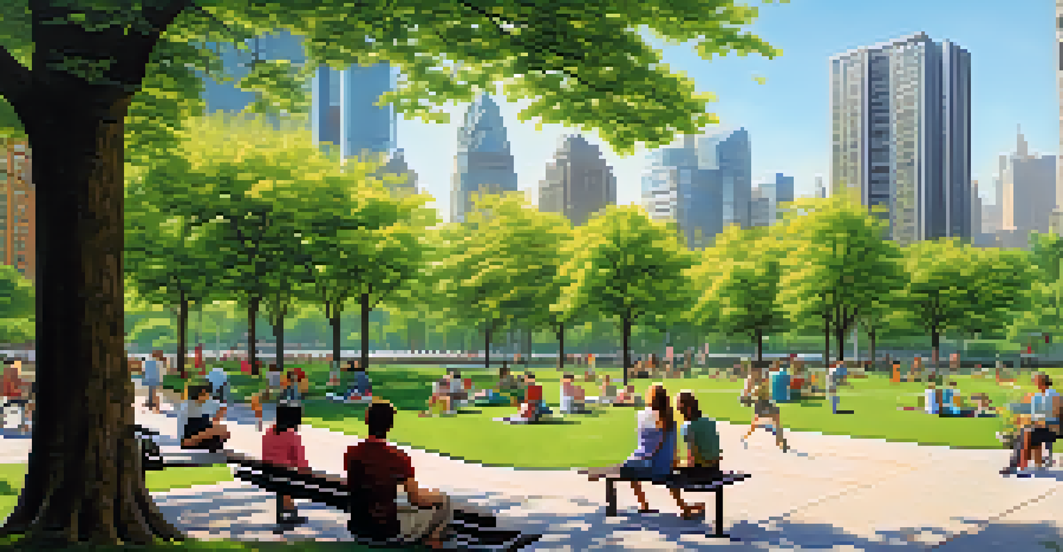 A lively urban park with people enjoying the space among trees and flowers, with tall buildings in the background.