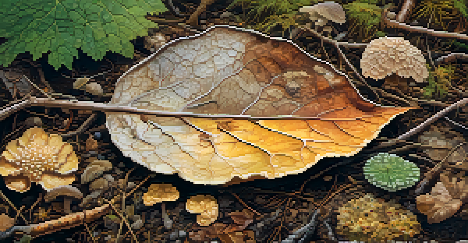 A close-up of a decaying leaf surrounded by various colorful fungi, showcasing their textures and details on the forest floor.