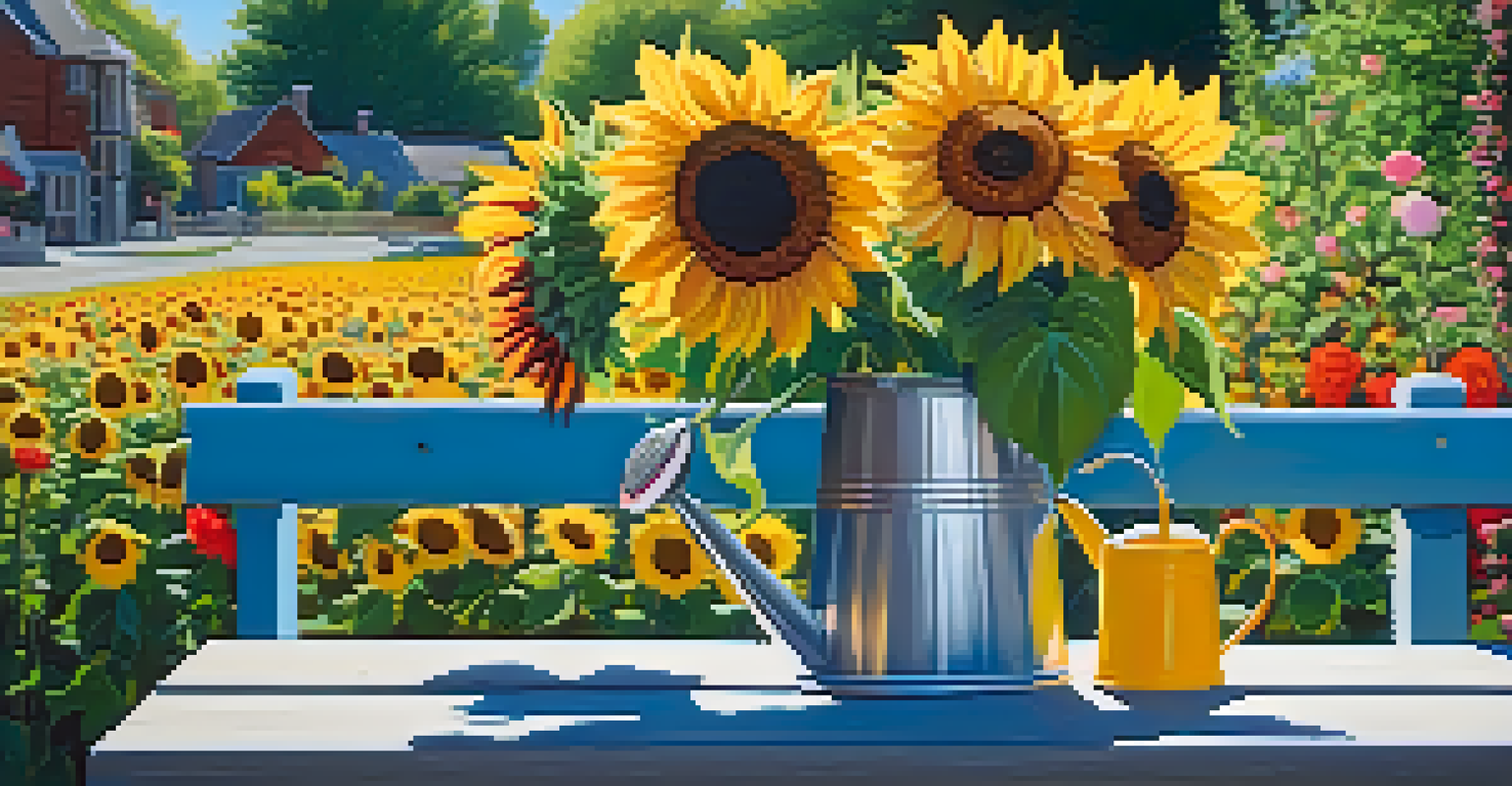 A colorful summer garden with blooming flowers and a wooden bench under a clear blue sky.