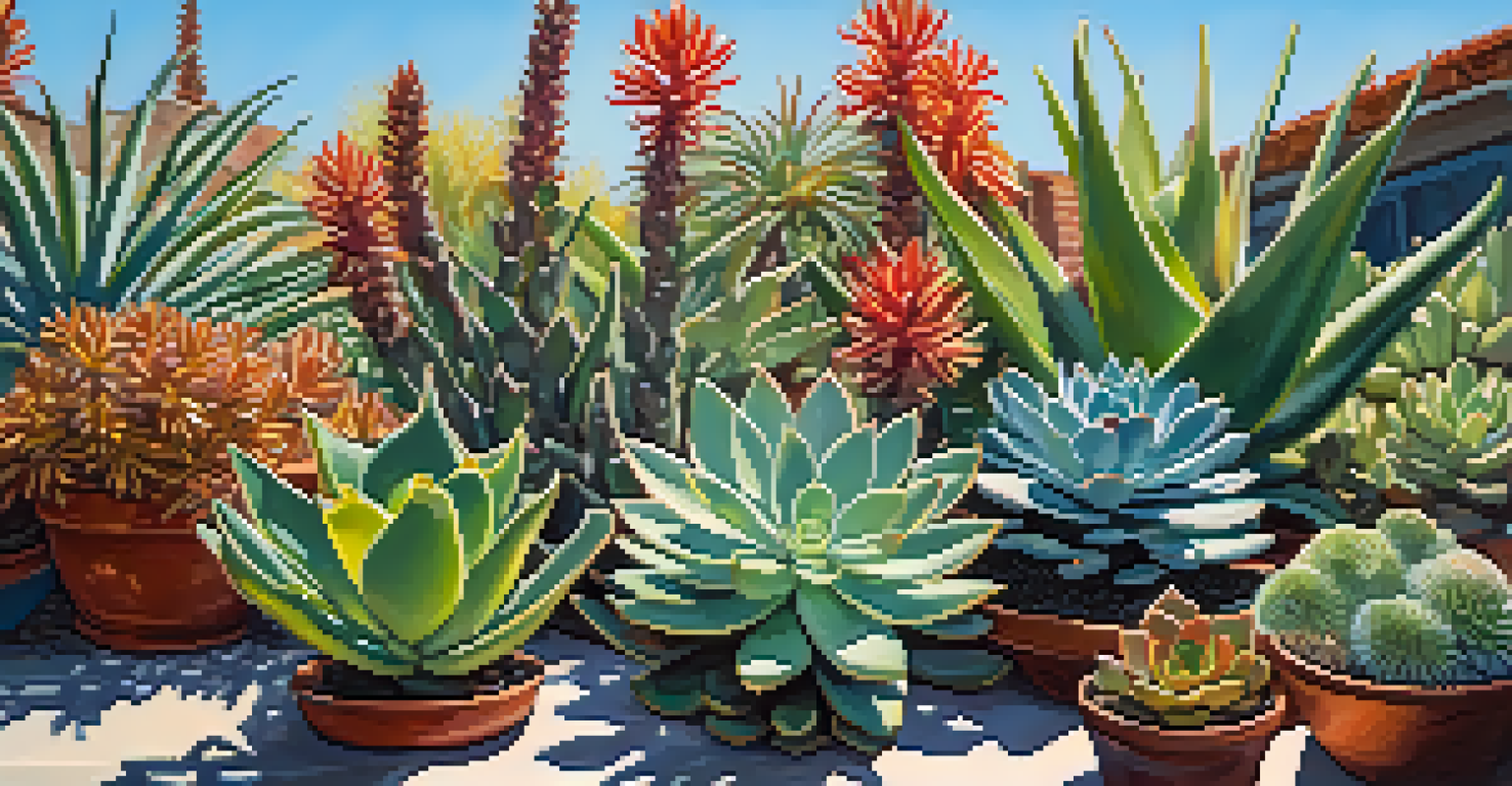 An outdoor garden showcasing various succulents like Aloe Vera and Sedum under a clear blue sky, with colorful blooms and sunlight enhancing their textures.