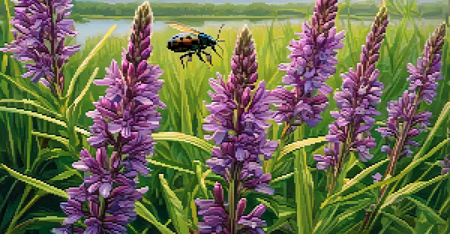 A close-up of a purple loosestrife plant with beetles feeding on it, set in a lush wetland background.