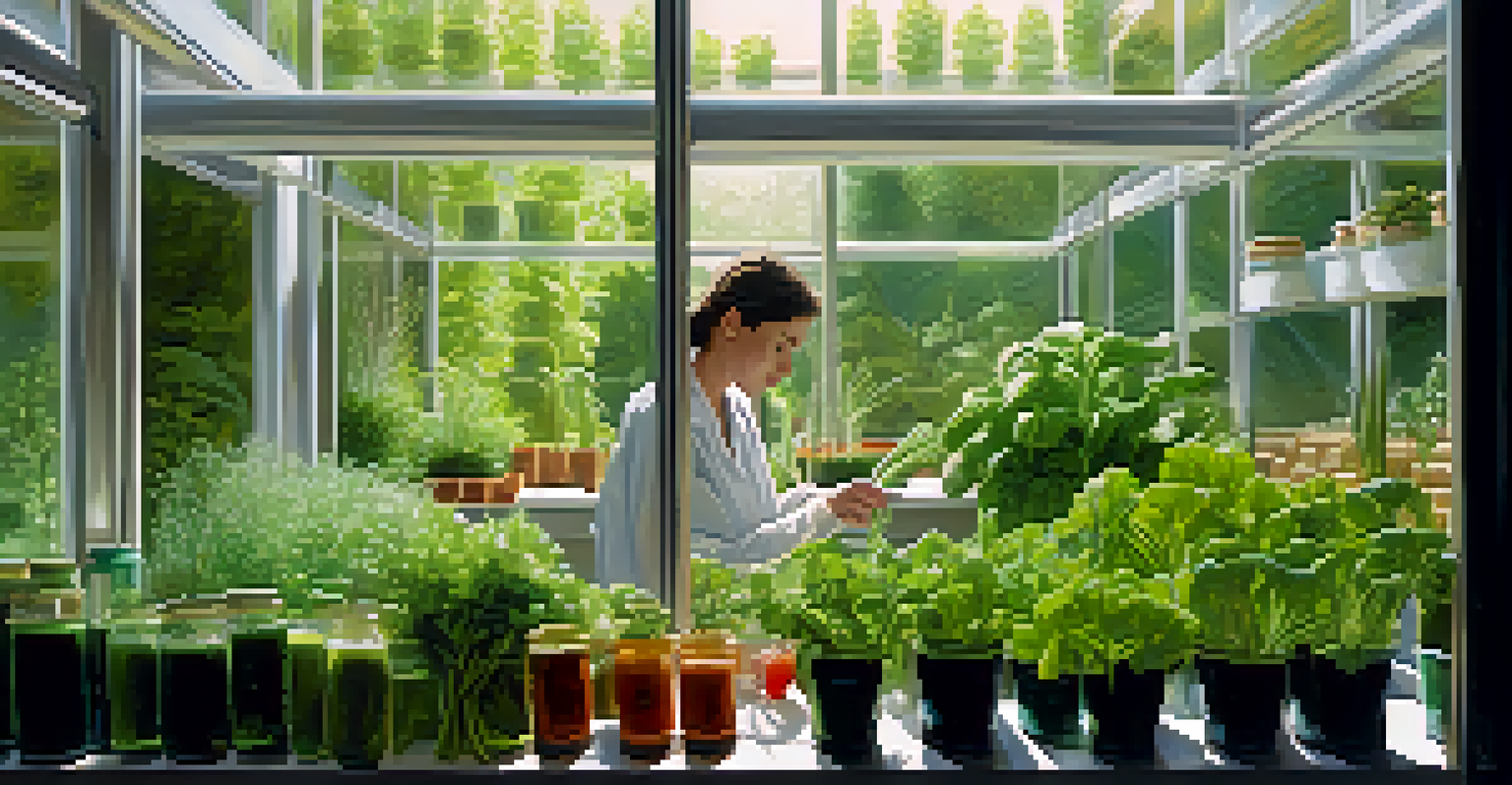 An indoor hydroponic garden with herbs and vegetables, featuring a hand adjusting pH levels, illuminated by natural light.