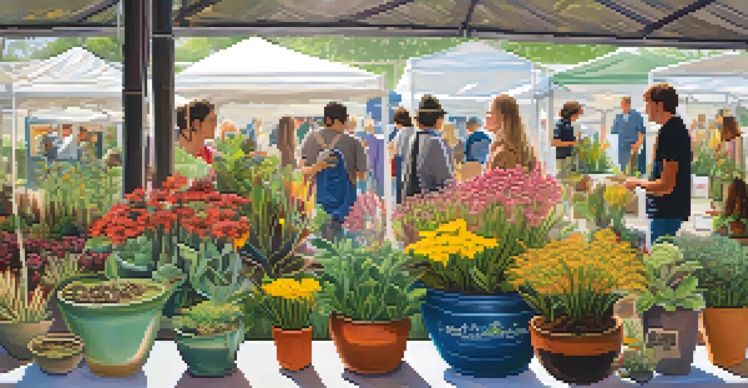 A display of native plants at a festival, showcasing rare species with informative signage and attendees admiring the beauty of biodiversity.