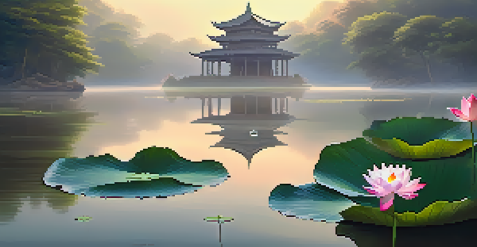 A peaceful scene with a blooming lotus flower on a calm lake, surrounded by greenery and an ancient temple in the misty background.