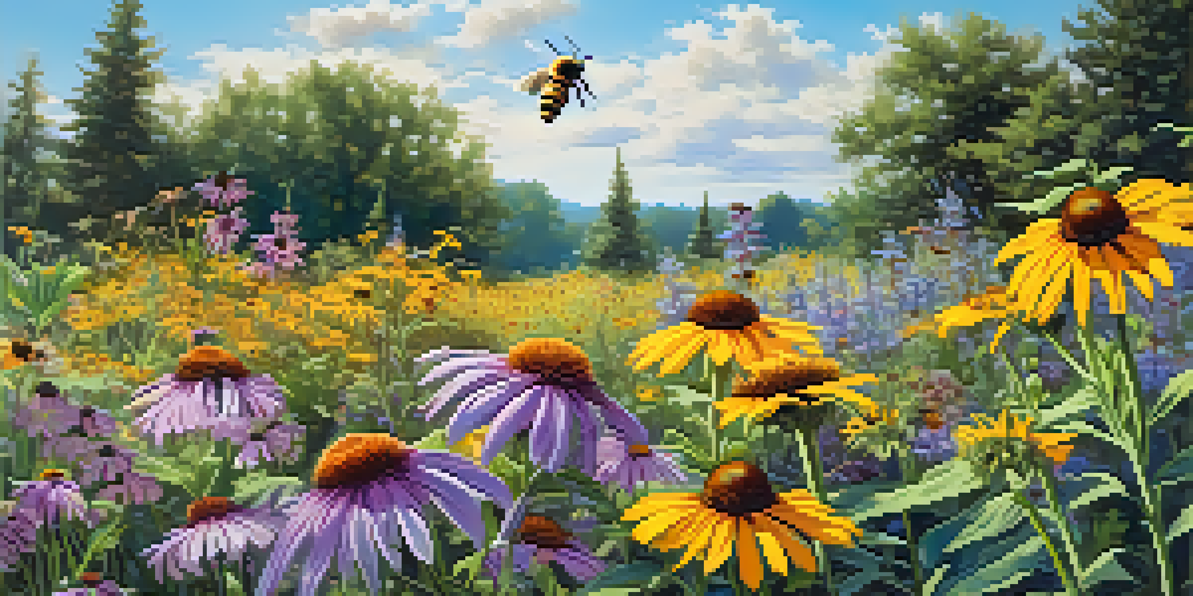 A colorful wildflower garden filled with purple coneflowers and yellow black-eyed Susans, with bees and butterflies flying around under a bright blue sky.