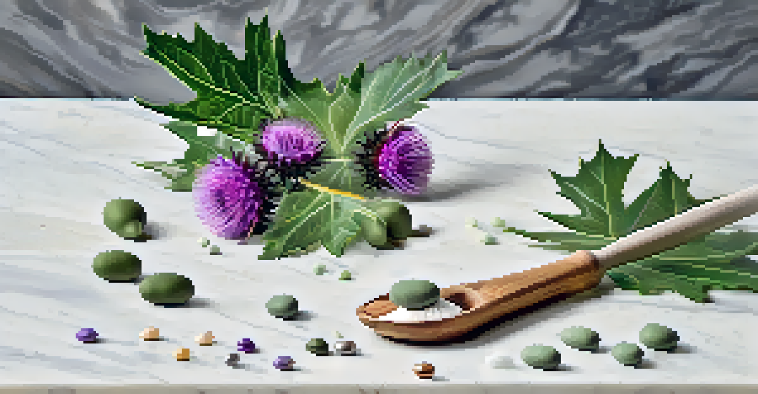 An arrangement of milk thistle capsules and powder on a marble countertop, with greenery in the background.