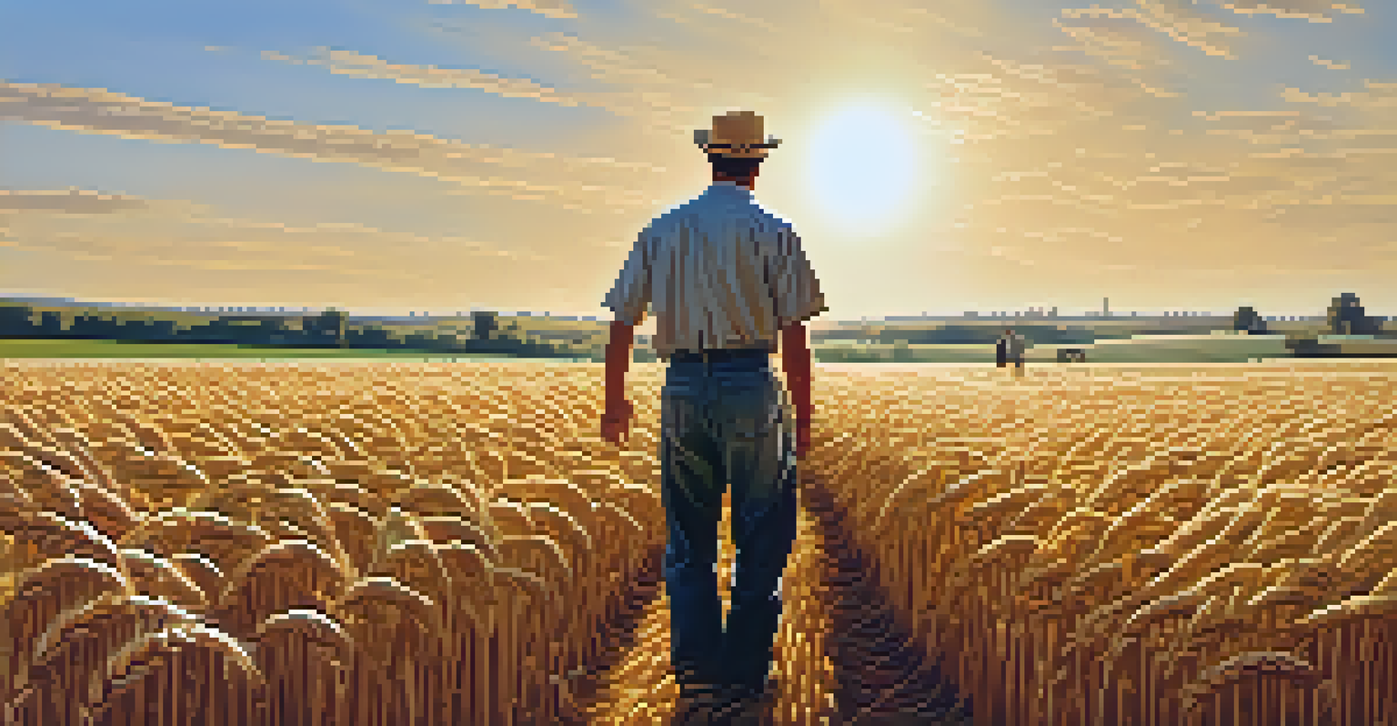 A vast field of golden wheat ready for harvest, with a farmer inspecting the crops under a sunny sky.