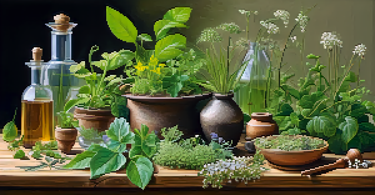 Close-up of various medicinal plants on a wooden table, with a mortar and pestle, illuminated by soft morning light.