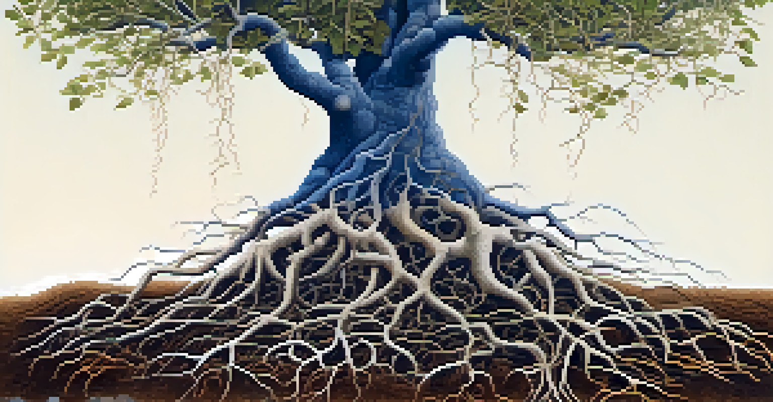 A tree with roots connected to mycorrhizal fungi in the soil, illustrating the nutrient exchange in nature.