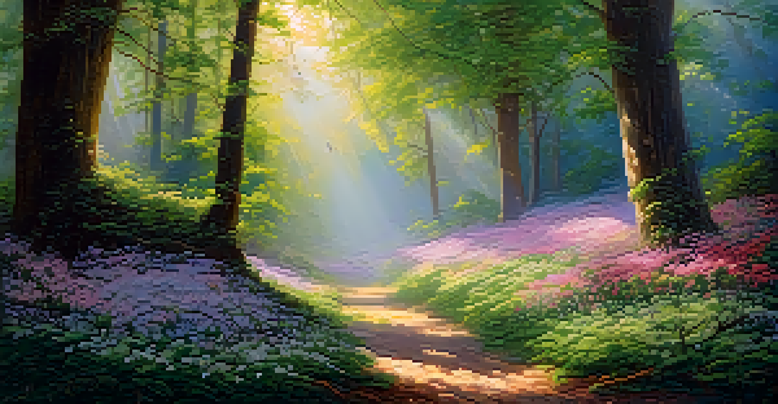 A lush forest with flowering trees and sunlight creating a warm glow, petals falling gently.
