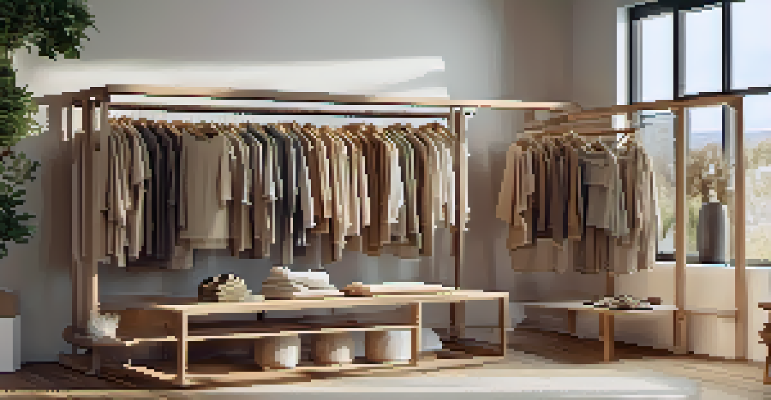 An eco-friendly fashion display of organic cotton clothing on wooden racks with soft lighting.