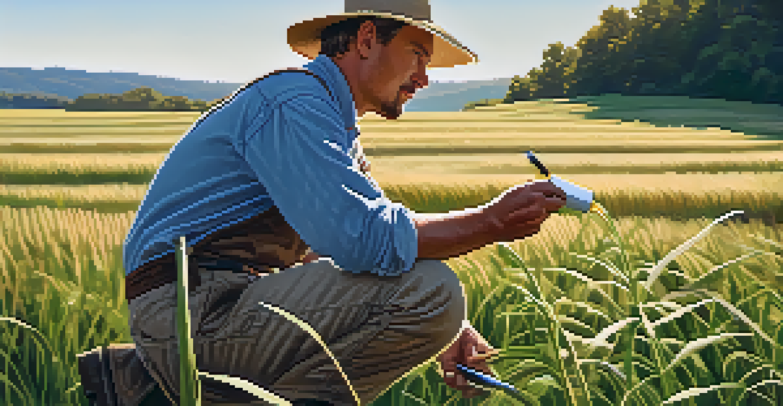 A farmer kneeling in a field of switchgrass, examining the plants with a soil test kit in a sunlit landscape.