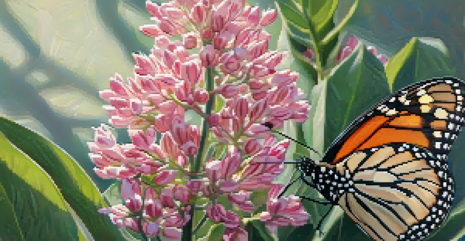 A close-up of a milkweed plant with a monarch butterfly, illuminated by sunlight.