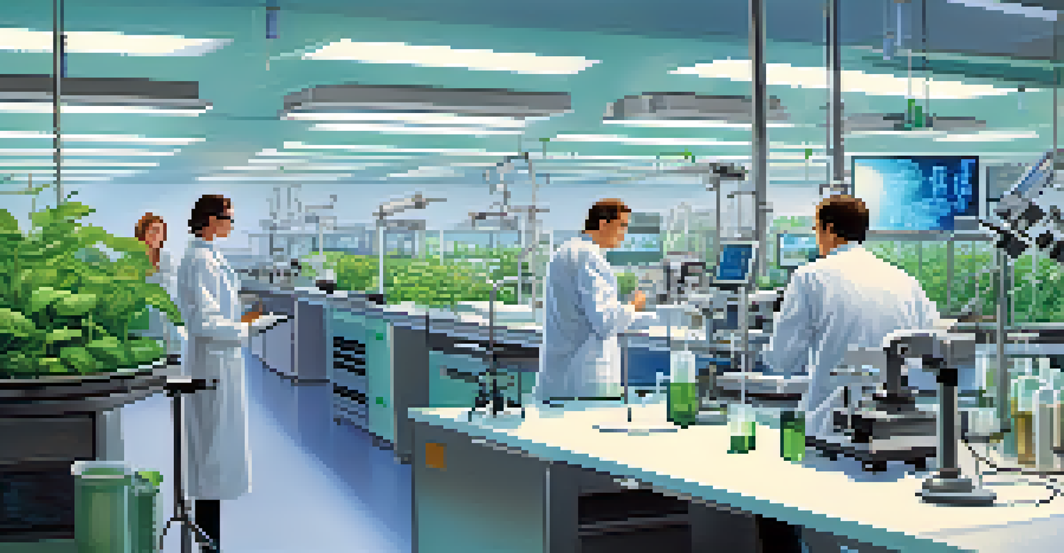 Scientists working in a laboratory with advanced plant breeding technologies, including microscopes and computer screens.
