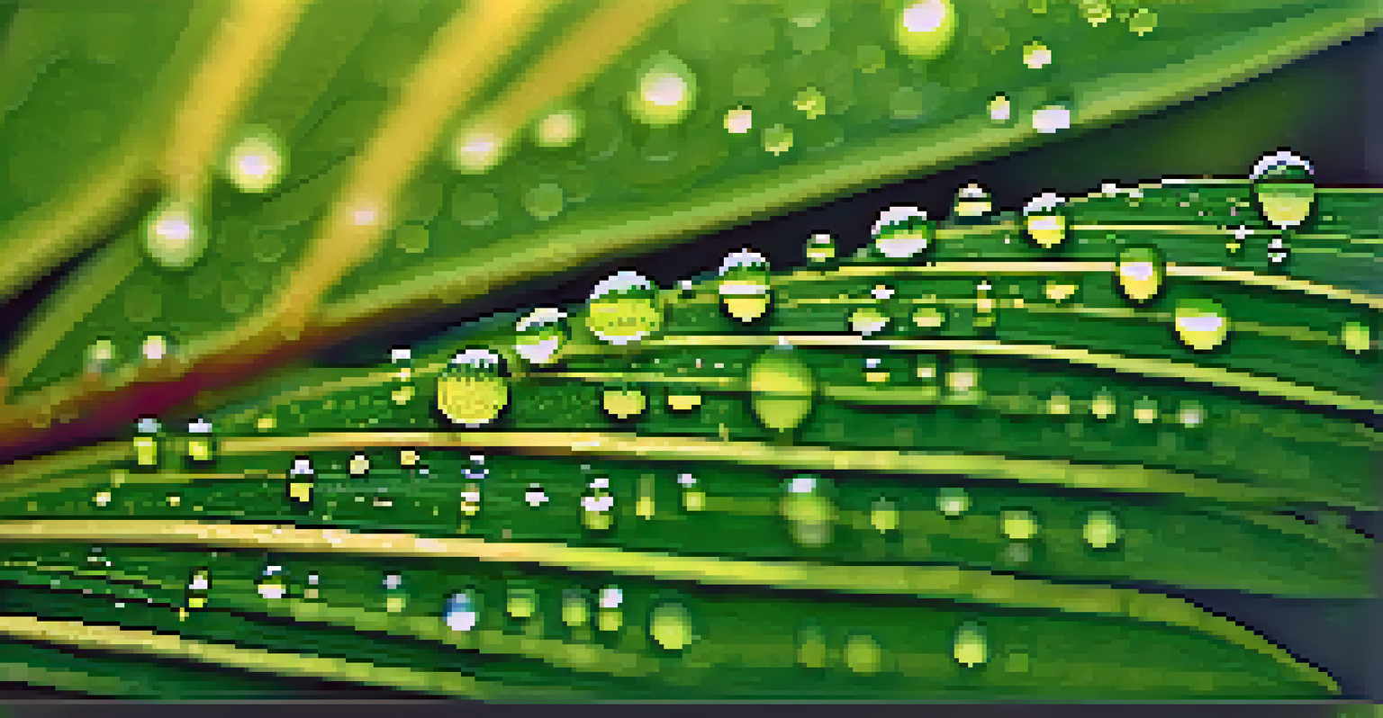 Close-up of a tropical plant leaf with water droplets, highlighting its texture and features.