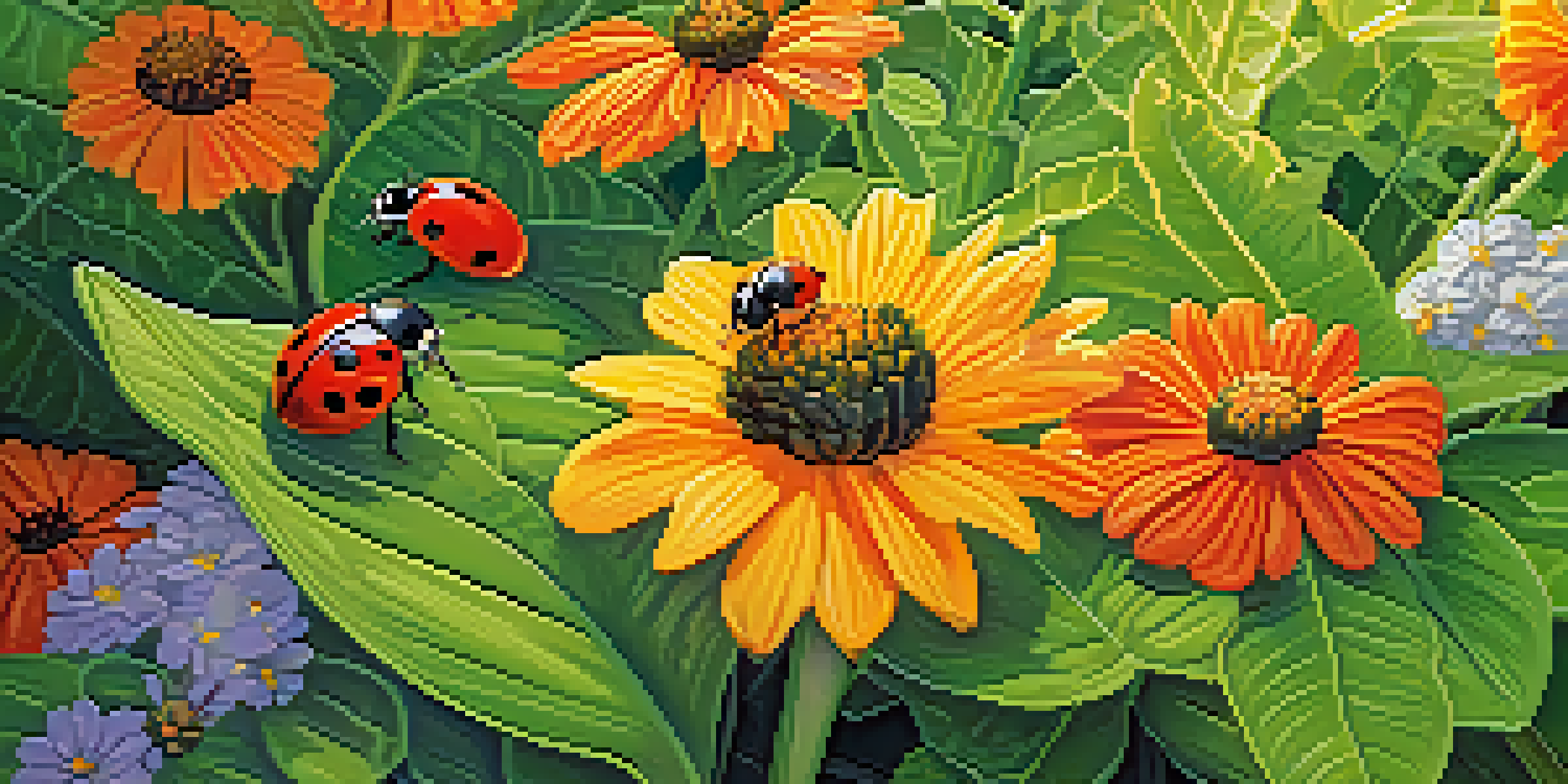 A colorful garden with ladybugs on green leaves and marigold flowers in the background, highlighting natural pest control.