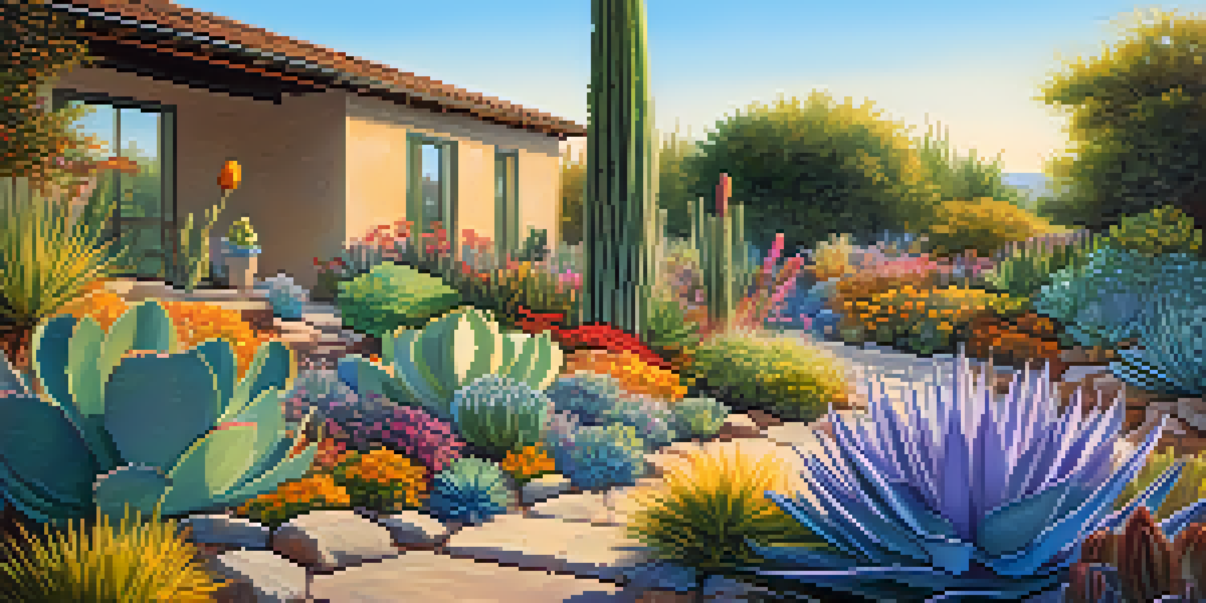 A colorful garden featuring drought-resistant plants like succulents and lavender, arranged in layers with a gravel path under a bright blue sky.
